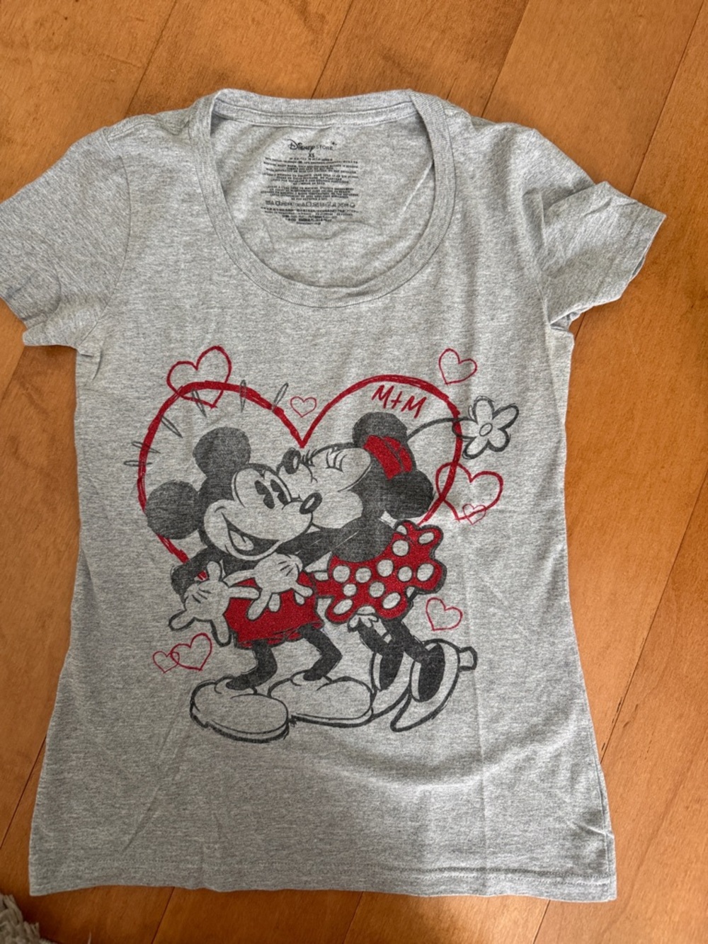 Disney Gray Tee with Red-Accent Mickey & Minnie Heart Graphic
